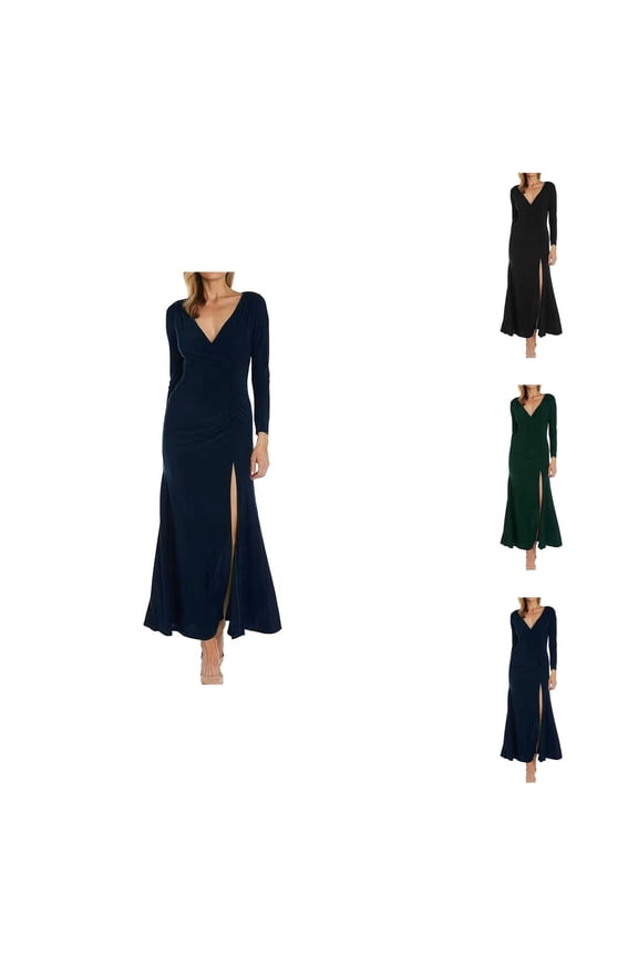 Prom Dress Midi Dresses for Women New Evening Dress form Fitting V Neck With Side Ruffles and Side Slit Long Sleeved Dress