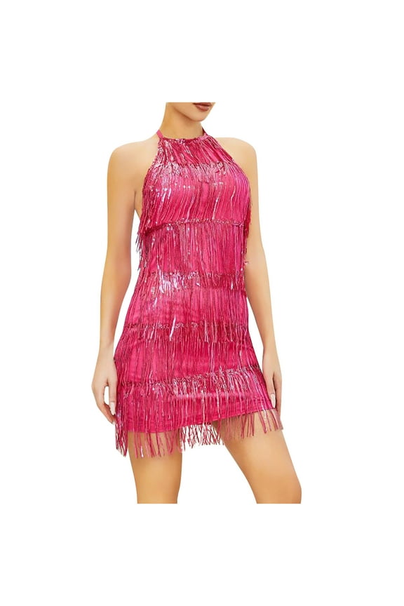 Prom Dress for Women Halter Neck Sleeveless Sequins Tassel Slim Fit Mini Dress Dance Cocktail Club Party Short Dresses Hot Pink,L