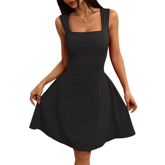 Prom Dresses 2025, Slim Fit Spaghetti Strap Sleeveless Square Neck Tank Dress 2025 Smocked Boho Summer Beach Wedding Guest Dress Casual Vest With Pockets Cocktail Bodycon (S, Black) ZMTing