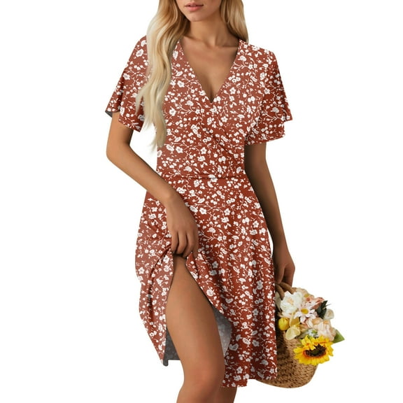 Prom Dresses 2025, Summer Elegant Short Sleeveless Floral Dress Deep V Neck Casual Beach Maxi Dress For Wedding Guest Easter Cocktail Party Boho Style Vacation Dress Casual (M, Deep Red) ZMTing
