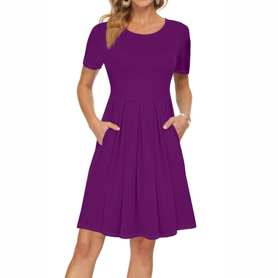 Prom Dresses, Elegant Pleated Casual Tshirt Dress With Pockets Short Sleeve Knee Length Summer 2025 Easter Wedding Guest Daily Boho Sundresses Black For Women Dresses Maxi (XL, Purple) ZMTing