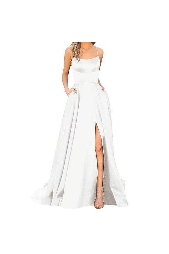 Prom Dresses Ladies Long Elegant Backless Long Crisn Satin Spaghetti Party Prom Dress Side Slit Wedding Evening Party Dress with Pockets