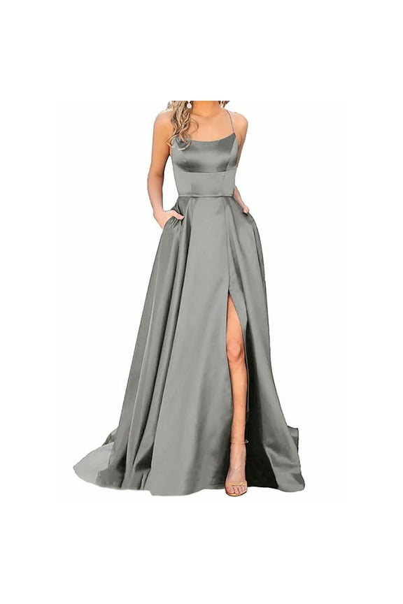 Prom Dresses Ladies Long Women Elegant Backless Long DressesCrisn Satin Spaghetti Party Prom Dress Side Slit Wedding Evening Party Dress With Pockets Dress for Wedding Petite Party Dress Women Semi