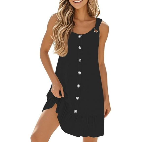 Prom Dresses, Sleeveless Button Down Boho Pleated Midi Dress 2025 Casual Elegant Church Wedding Guest Dress For Summer Beach & Easter Parties Cotton Cocktail Outfit Bodycon (XL, Black) ZMTing