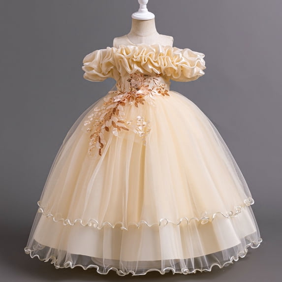 Prom Dresses for Girls Ruffle Sleeveless Crewneck Size 3-14 Teens Kids Elegant Solid Color A-Line Layered-Tulle Evening Party Formal Dress
