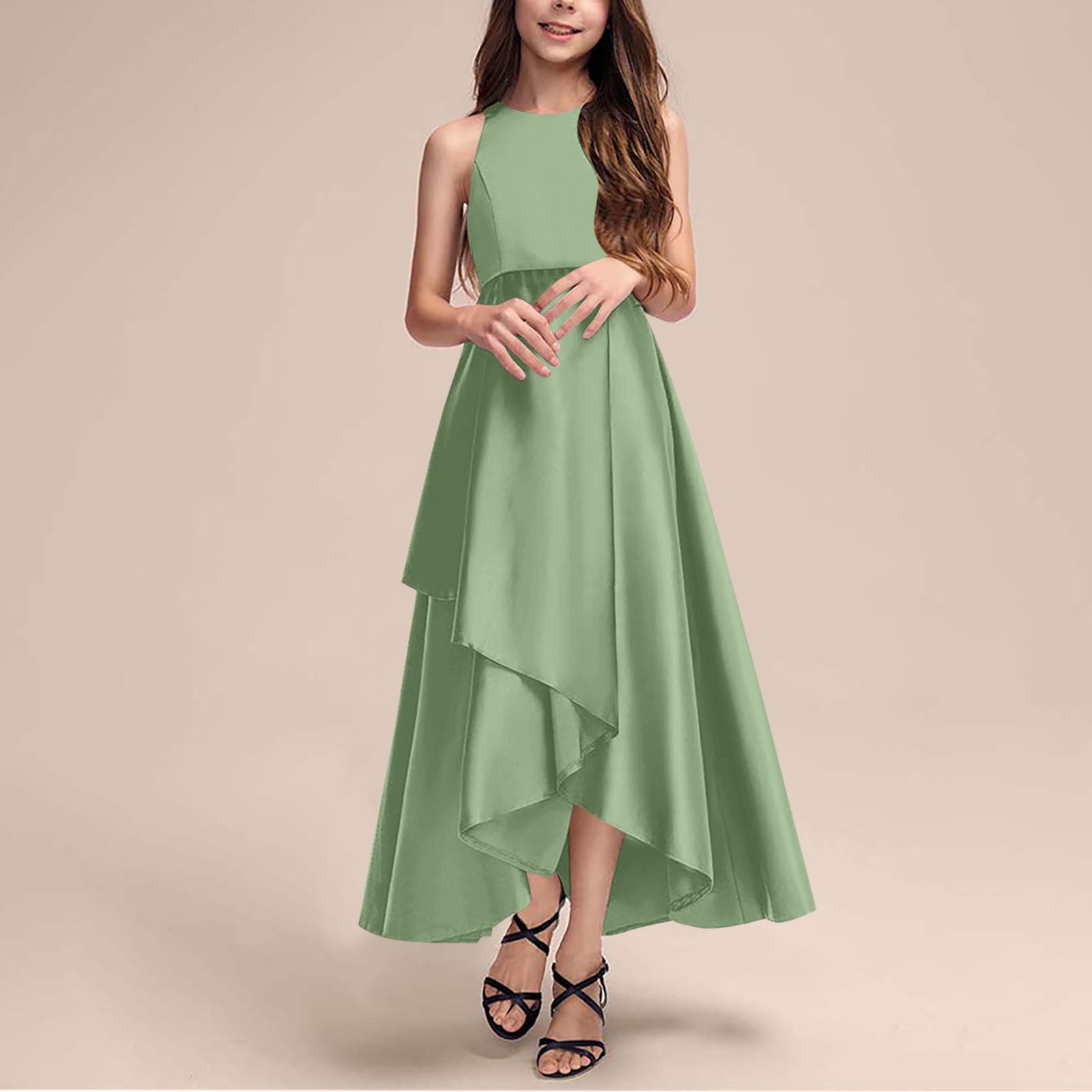 Prom Dresses for Teen Girls Size 4-14 Elegant Sleeveless High Waisted Crew Neck Solid Irregular Hem A-Line Graduation Party Maxi Dress