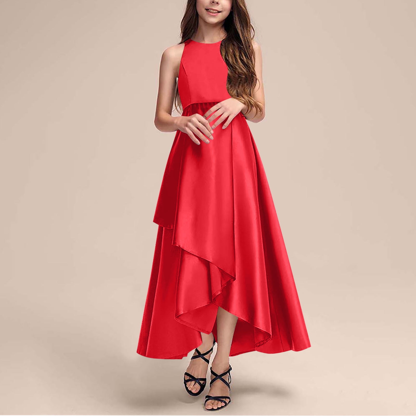 Prom Dresses for Teen Girls Size 4-14 Elegant Sleeveless High Waisted Crew  Neck Solid Irregular Hem A-Line Graduation Party Maxi Dress - Walmart.com