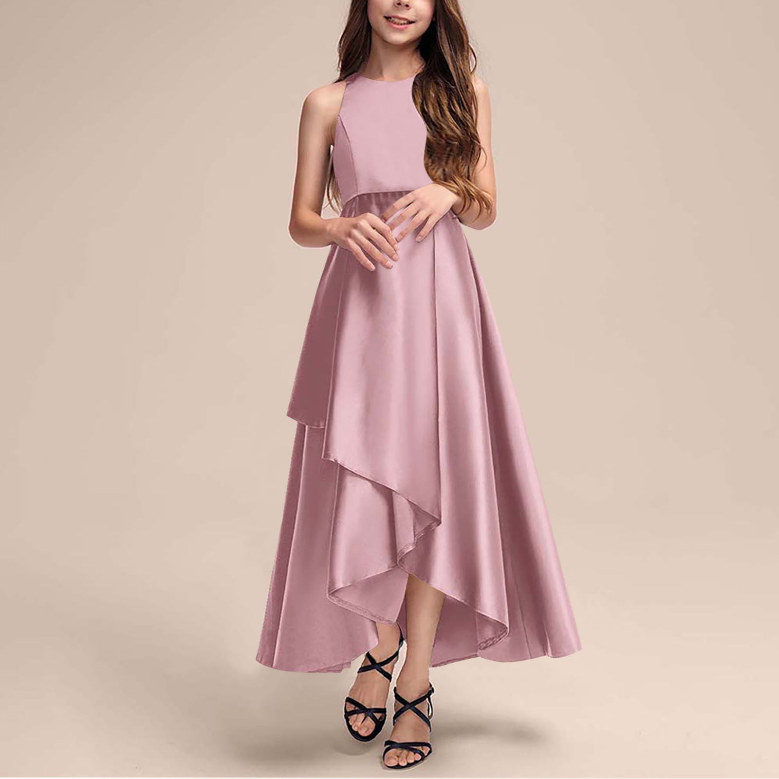 Prom Dresses for Teen Girls Size 4-14 Elegant Sleeveless High Waisted Crew Neck Solid Irregular Hem A-Line Graduation Party Maxi Dress