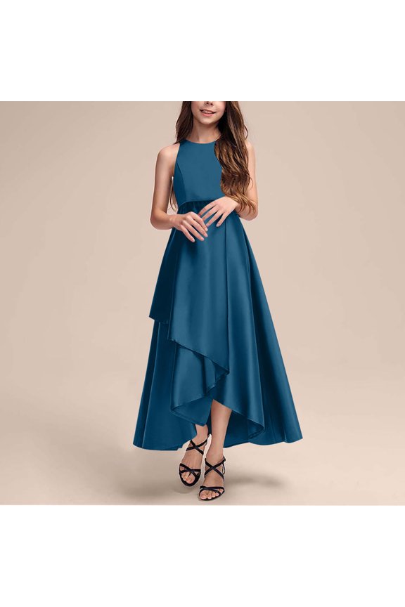 Prom Dresses for Teen Girls Size 4-14 Elegant Sleeveless High Waisted Crew Neck Solid Irregular Hem A-Line Graduation Party Maxi Dress