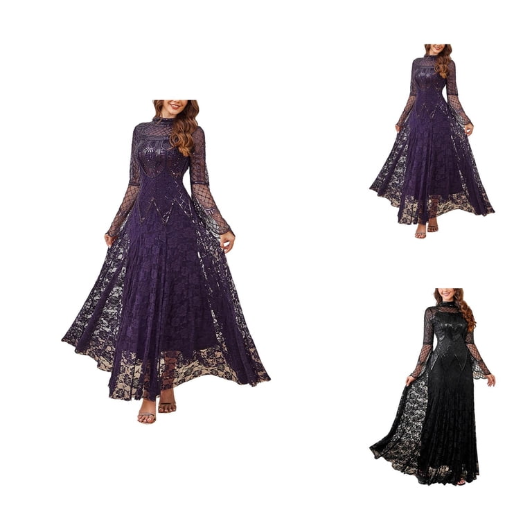 flowy prom dresses cheap for Women Elegant Lace Long Sleeve Crewneck Maxi Dress Formal Evening Gowns no_time_frame