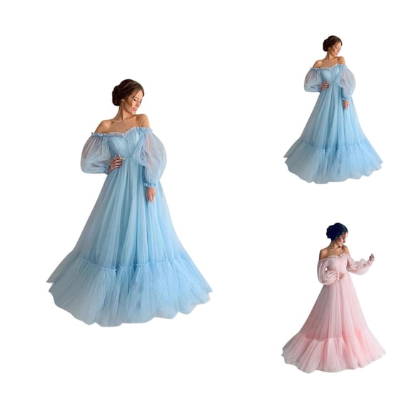 Prom Dresses for Women Long Puff Sleeve Tulle Off Shoulder Sweetheart Neck Maxi Wedding Dress