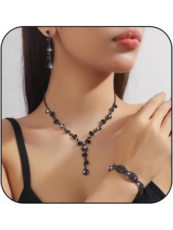 Prom Earrings Necklace Bracelet Set Elegant Crystal Necklace Earrings Bracelet Bridal Wedding Prom Costume Jewelry Sets for Women