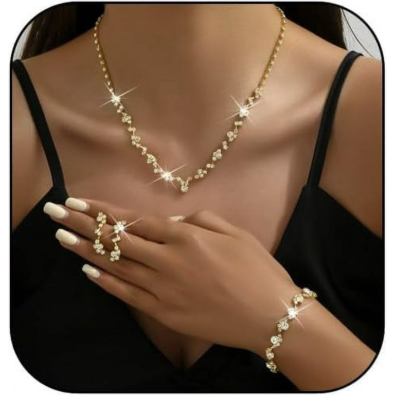 Prom Earrings Necklace Bracelet Set Elegant Crystal Necklace