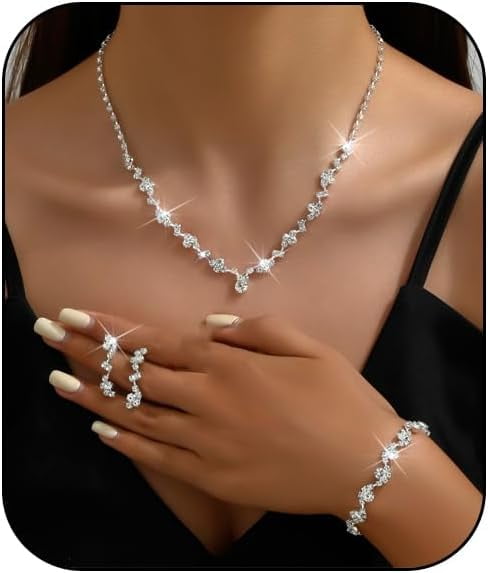 Prom Earrings Necklace Bracelet Set Elegant Crystal Necklace