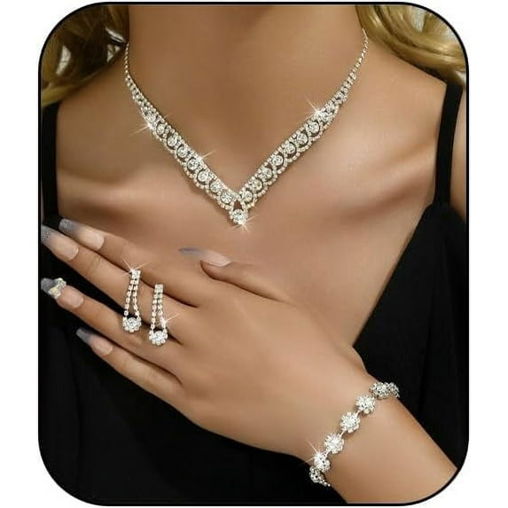 Prom Elegant Crystal Necklace Earrings Bracelet Set, Bridal Wedding Prom Dress Jewelry Set