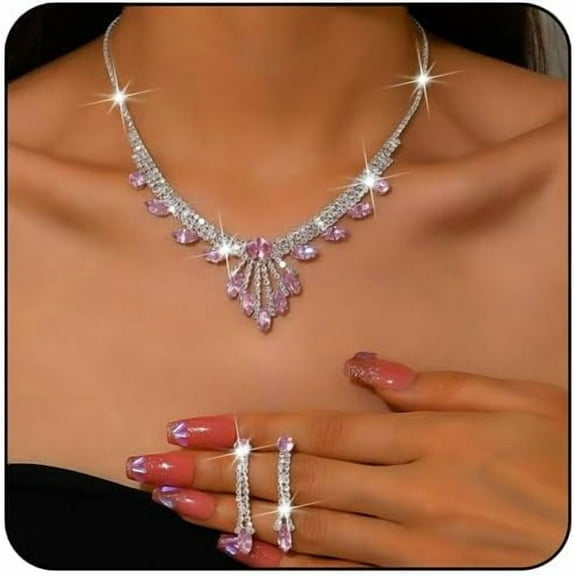 Prom Jewelry Set for Women Rhinestone Necklace Earrings Set Sparkling Silver Crystal Necklace Earrings Sets Bridal Wedding Prom Costume Jewelry Sets for Women