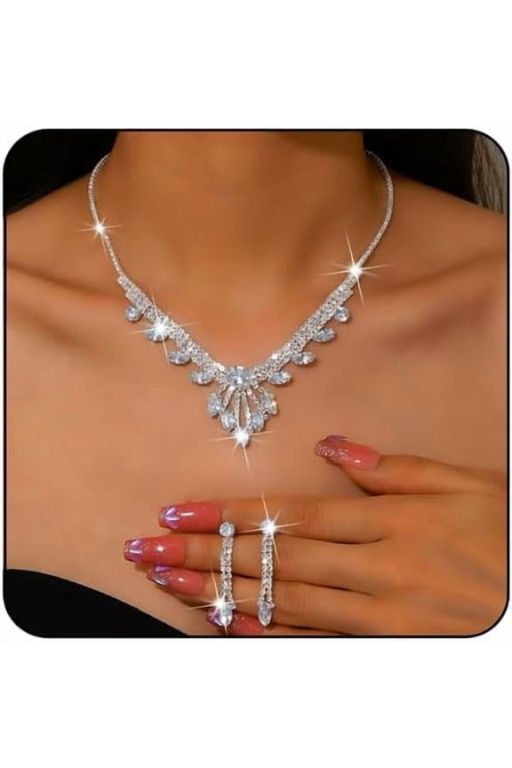 Prom Jewelry Set for Women Rhinestone Necklace Earrings Set Sparkling Silver Crystal Necklace Earrings Sets Bridal Wedding Prom Costume Jewelry Sets for Women