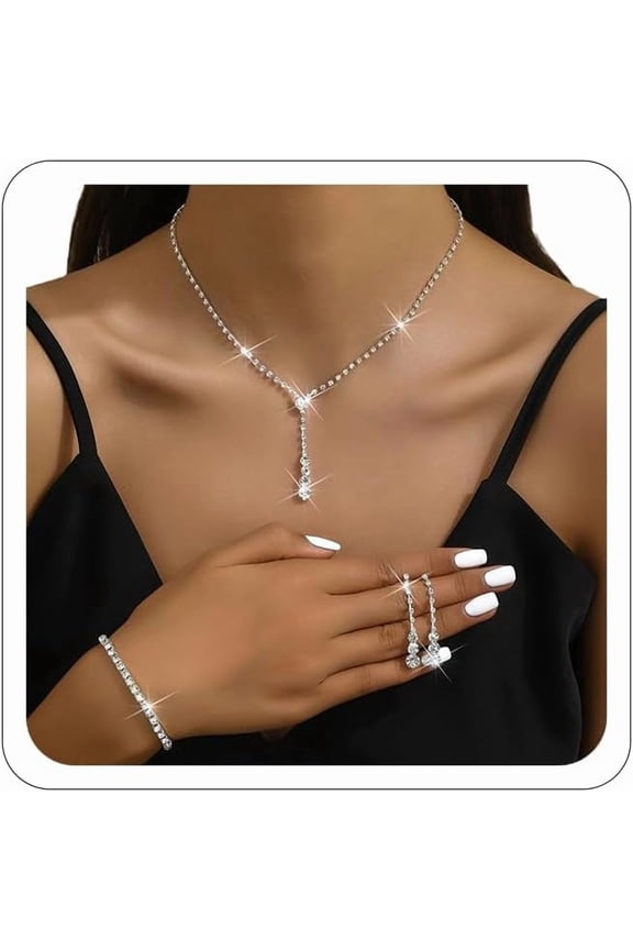 Prom Jewelry Sets Rhinestone Crystal Bride Statement Choker Necklace Bracelet Earrings Set for Party Wedding Jewelry Sets for Brides Bridesmaid for Prom Dresses 2024