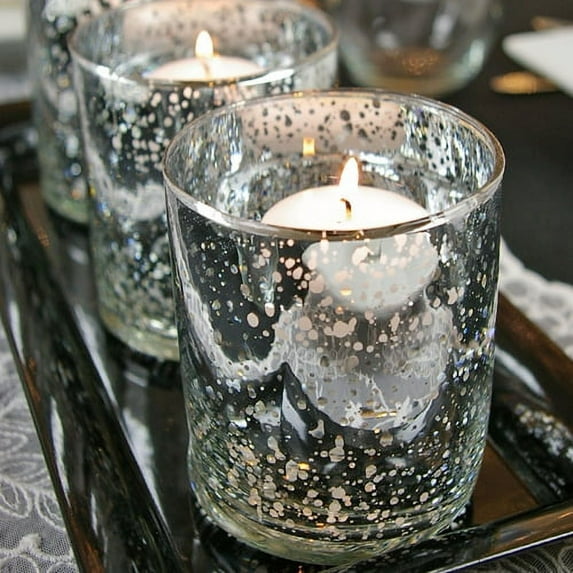 Prom Lights Mercury Glass Candle Holders 4 inch Silver Aged Set of 6