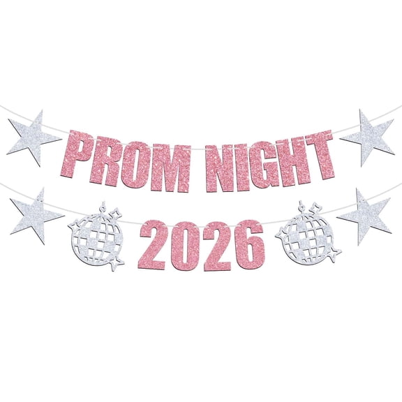 Prom Night 2026 Banner, High School College Prom Sign Photo Props, Class of 2026 Graduation Party Decorations Supplies, Pink & Silver Glitter