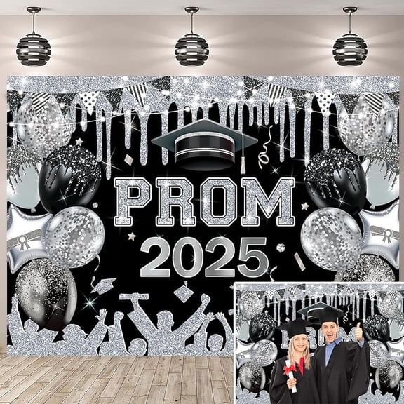 Prom Night Backdrop 2025 Black and Silver Graduation Photography Background Class of 2025 Graduation Prom Banner for Congrats Grad Prom Send Off Party Decorations Supplies