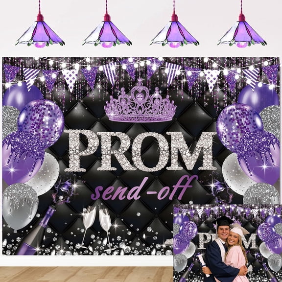 Prom Send Off 2026 Backdrop Black Purple Silver Class of 2026 Graduation Prom Night Background Congrats Grad Party Decorations Banner Photo Props