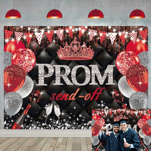 Prom Send Off 2026 Backdrop Black Red Silver Class of 2026 Graduation Prom Night Background Congrats Grad Party Decorations Banner Photo Props