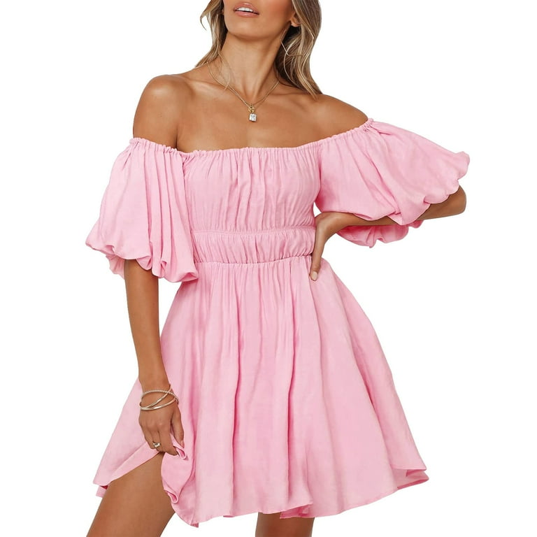 Prom Women For Women s Summer Puff Sleeve Off Shoulder Mini Dress Ruffled A Line Flowy Swing Beach Dress Pink