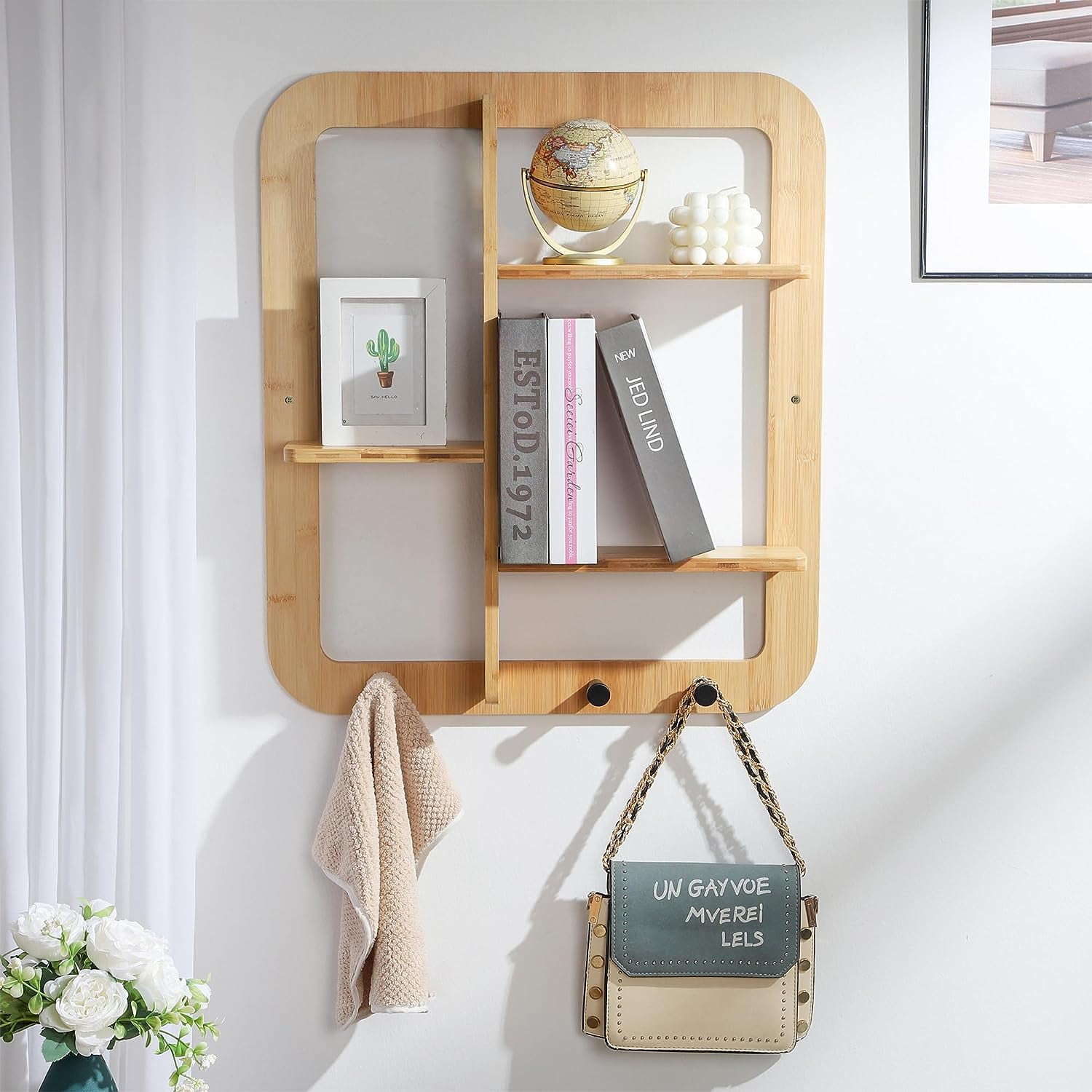Free Shipping Proman Products Fiji Wall Mounted Bamboo Floating Shelves Book Shelves Storage shelves Organizer with Hooks Clothes Hat Bag for Living Room Bathroom EntryWay Natural Walmart