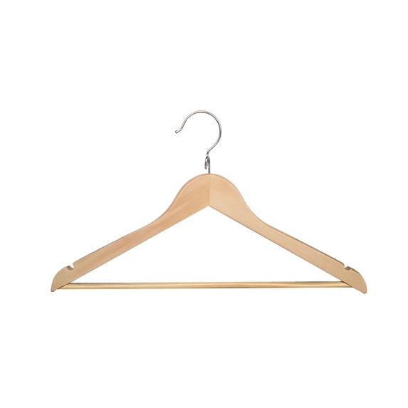 Proman Products Kascade Wooden Hanger with a loop on the hook, shoulder notches, and Locking Bar in natural color finish, 50 pcs / box.