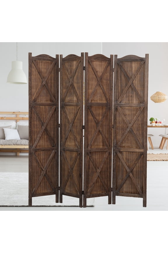 Rancho Barn 4 Panel Room Divider FS17192, Folding Screen, Privacy Screen, Room Partition, Paulownia Wood, (Max Extend) 61" W x 0.75" D x 67" H, Rustic Brown