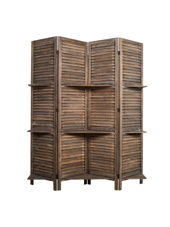 Rancho Shelf 4 Panel Room Divider FS17191, Folding Screen, Privacy Screen, Room Partition, Paulownia Wood, (Max Extend with Shelves) 47" W x 11" D x 67" H, Rustic Brown