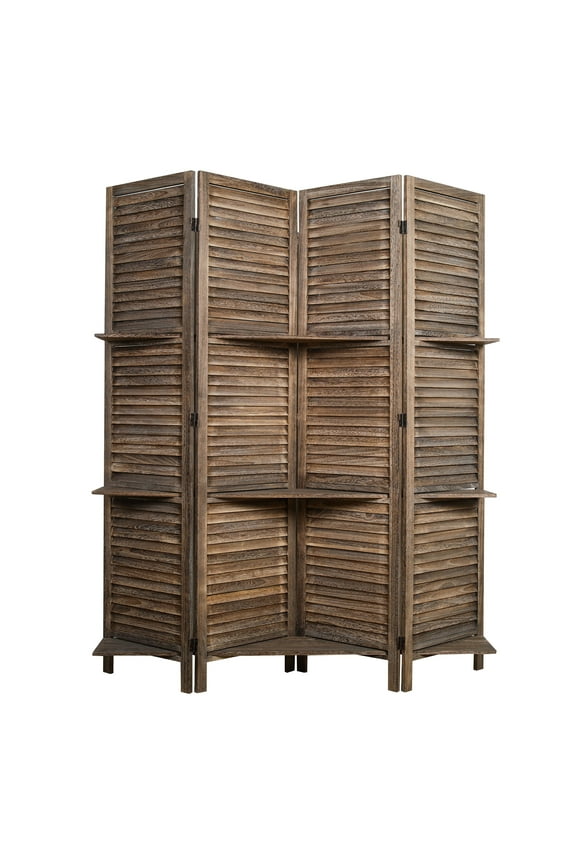 Proman Products Rancho Shelf 4 Panel Room Divider , Folding Screen, Privacy Screen, Paulownia Wood, Rustic Brown