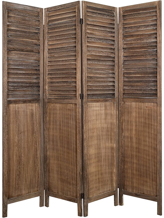 Rancho Shutter 4 Panel Room Divider FS17190, Folding Screen, Privacy Screen, Room Partition, Paulownia Wood, (Max Extend) 60.75" W x 0.75" D x 67" H, Rustic Brown