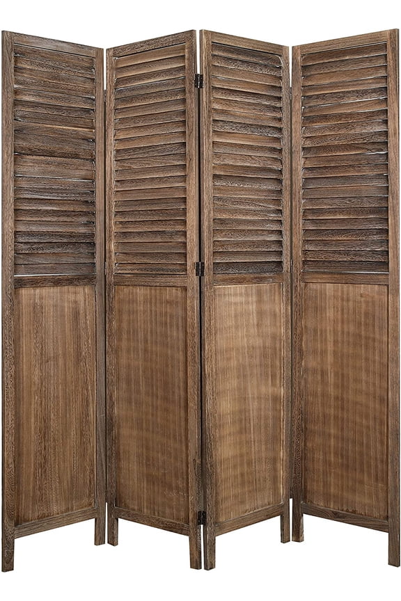 Rancho Shutter 4 Panel Room Divider FS17190, Folding Screen, Privacy Screen, Room Partition, Paulownia Wood, (Max Extend) 60.75" W x 0.75" D x 67" H, Rustic Brown