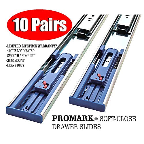 Promark 24 Inch 100 LB Capacity Full Extension Soft / Self Close Ball Bearing Side Mount Drawer Slides - 10 Pair Pack