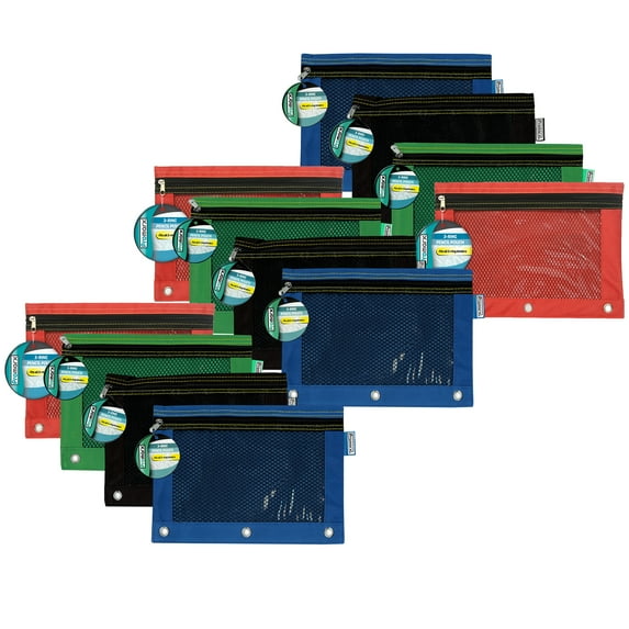 Promarx 3 Ring Pencil Pouch With Mesh Window, 10" x 7.5", Assorted Colors, Pack of 12