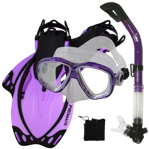 Promate Fins Mask Snorkel Gears for Snorkeling Scuba Diving, Purple-MLXL