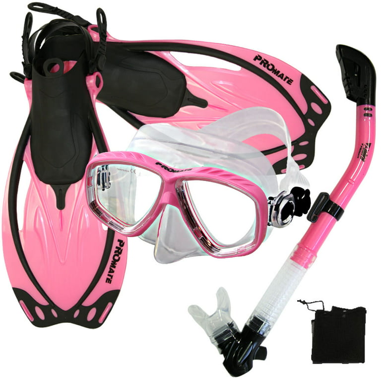 Promate Fins Mask Snorkel Set for Snorkeling Scuba Diving, Pink-SM 