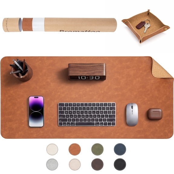 Promattoo 31.5" x 15.7" Waterproof Non-Slip PU Leather Desk Pad Protector with Storage Tray & Premium Gift Box, Desk Mat Blotter Writing Pad for Office, Home & Gaming,Cognac Brown