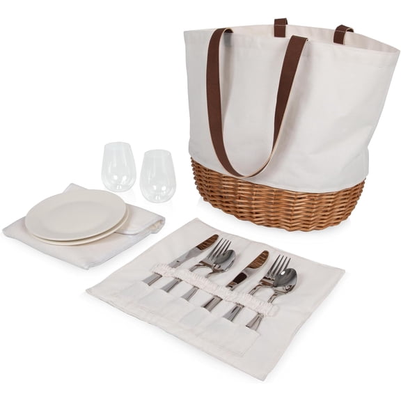 Promenade Picnic Basket for Set 2, Stylish Canvas Tote Bag with Handwoven Wicker Bottom and Leatherette Strap, Wicker Basket with Handle for Two, (Beige Canvas)