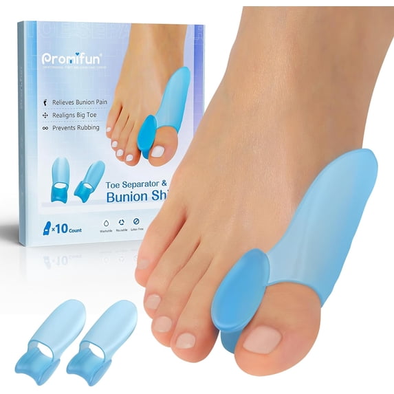 Promifun 10 Packs Bunion Cushion Protector Pads Toe Separator Gel Shield Foot Pain Relief Calluses Corns,Blue