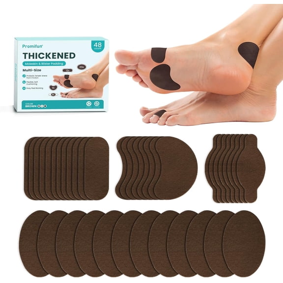 Promifun Blister Prevention Tape Moleskin Pads for Feet Mole Skin Patch Blister Bandages 48 Sheets of 4 Shapes, Brown