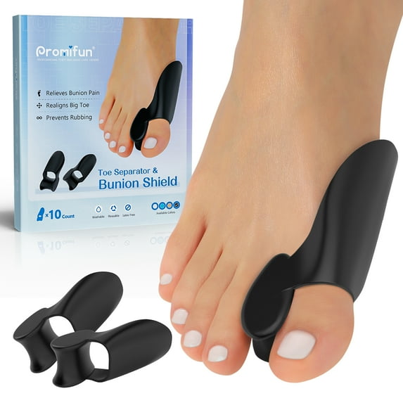 Promifun Bunion Cushion Protector, 10 Packs of Bunion Corrector Pads with Separator for Big Toe, Calluses, Corns - Black