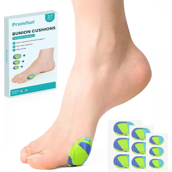 Promifun Bunion Pain Relief Pads Bunion Cushion Moleskin Protect Feet Self-Stick Cushion 27 Count,Multi-Size,Patterned