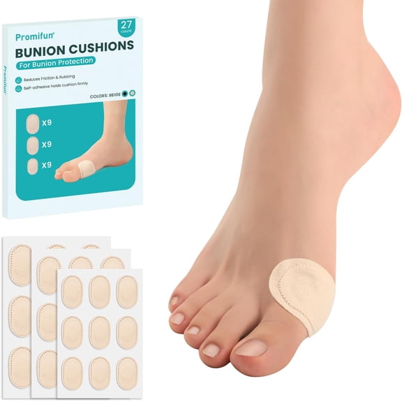 Promifun Bunion Pain Relief Pads Moleskin Cushion Wear with Shoes Water-Resistant Self-Stick Protect Feet,27 ct,Multi-size