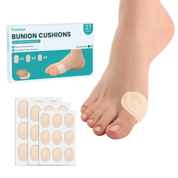 Promifun Bunion Pain Relief Pads Moleskin Protect Bunion Cushion Feet Non-Stick Center,27 Count,Multi-Size