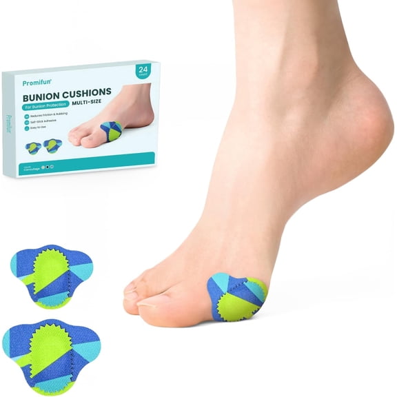 Promifun Bunion Pain Relief Pads Moleskin Protect Feet Self-Stick Cushion 24 Count,Multi-Size,Patterned
