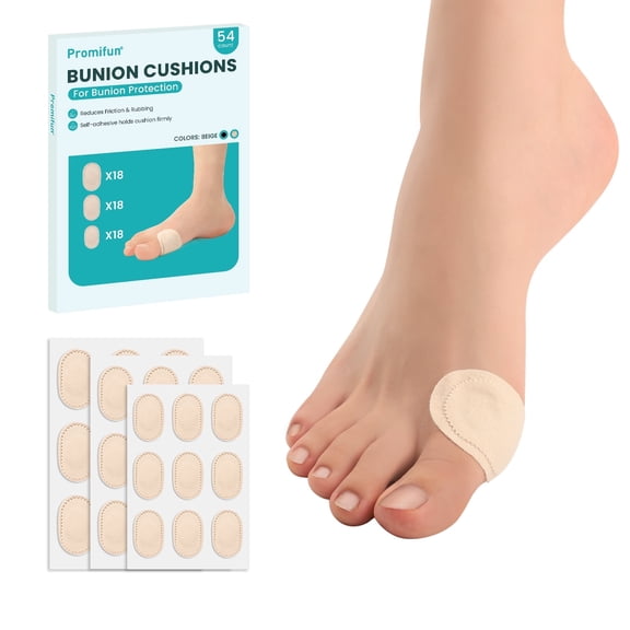 Promifun Bunion Pain Relief Pads to Wear with Shoes - 54 ct Bunion Cushion - Moleskin Protect Feet for Men and Women - Water-Resistant Self-Stick Adhesive (Multi-Size)
