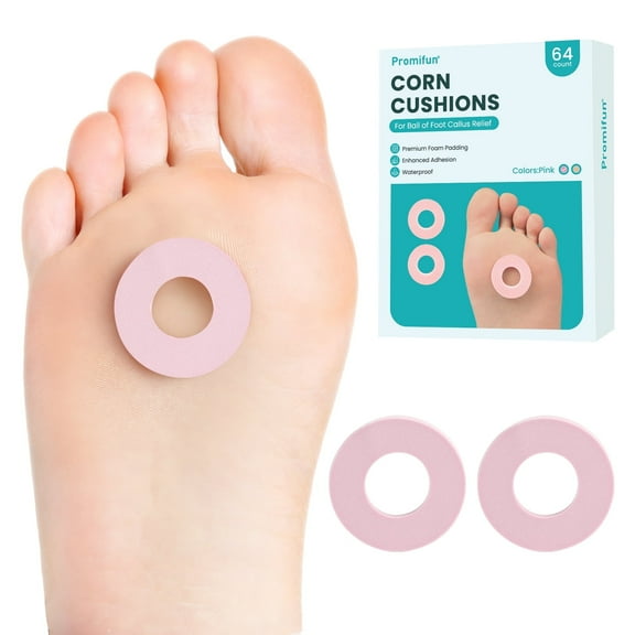 Promifun Callus Cushions for Bottom of Foot - Round Foam Padding with Water-Resistant Self-Stick Adhesive - Corn Cushions for Toes and Feet, Reduce Pain, Pressure Friction from Shoes (Pink, 64 Count)